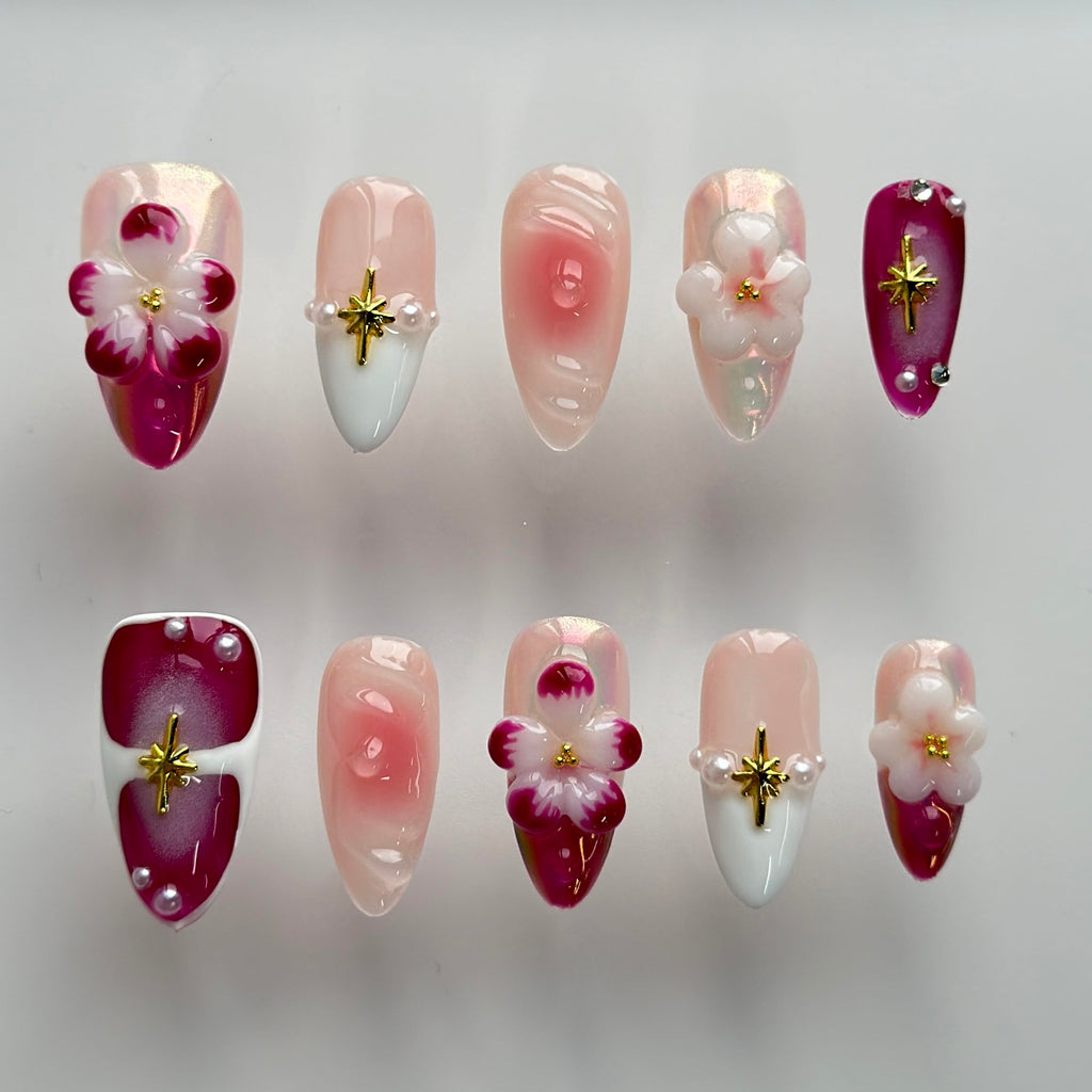 MABKJLF Luxury Press On Nails – Medium Almond, 3D Design, Reusable ABS, Chrome French Tip