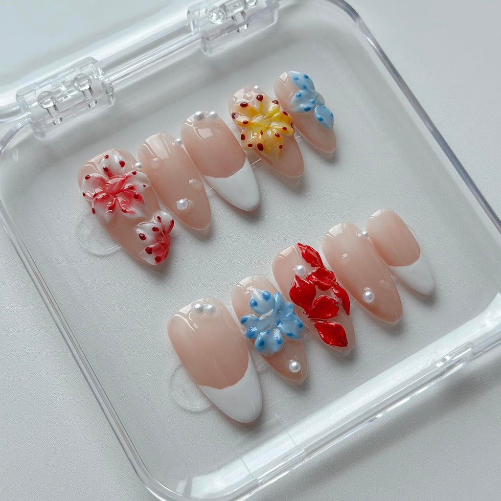 MABKJLF Luxury Press-On Nails – Medium Almond, White French Tip, 3D Design, Reusable ABS
