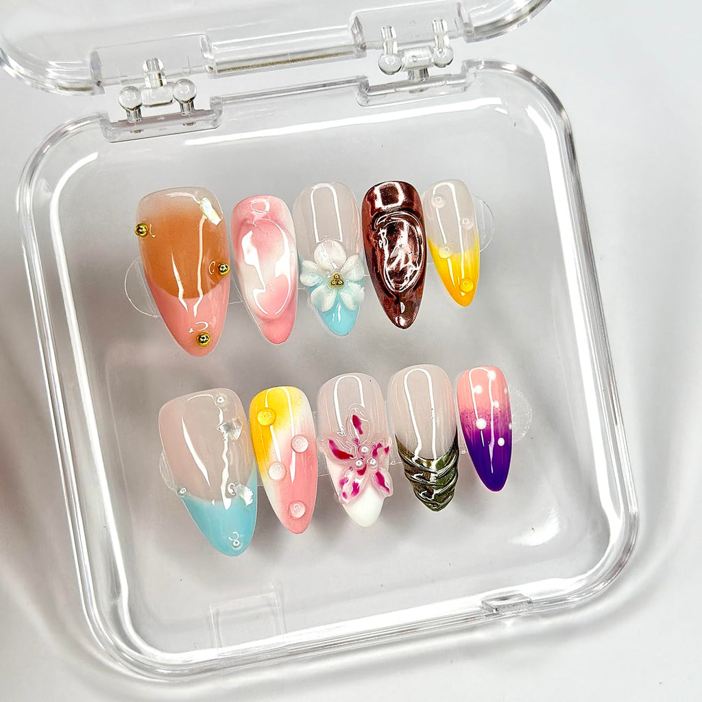 MABKJLF Luxury Press On Nails – Medium Almond, 3D Floral & Pearl Design, Reusable ABS Kit