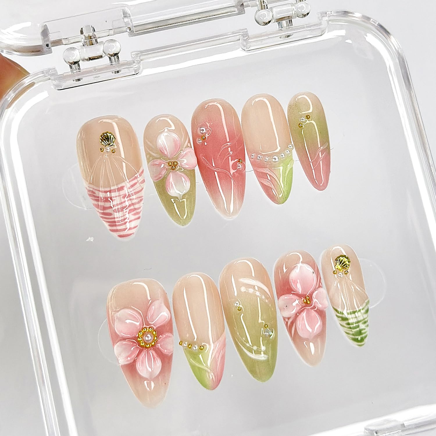MABKJLF Luxury Press On Nails – Medium Almond French Tip, 3D Floral, Reusable ABS