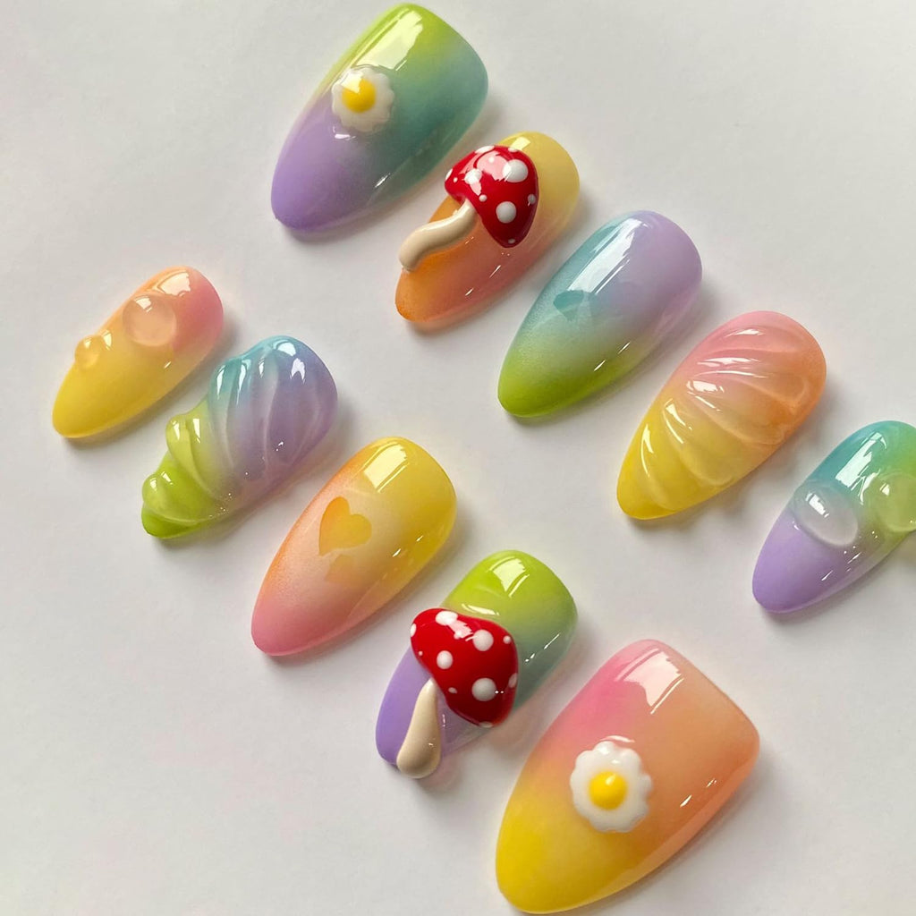MABKJLF Handmade Short Almond 3D Press-On Nails – Reusable ABS, Full Kit Included