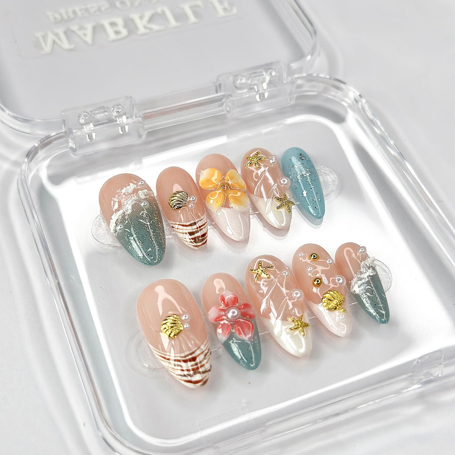 MABKJLF Luxury Press On Nails – Medium Almond French Tip, 3D Floral Design