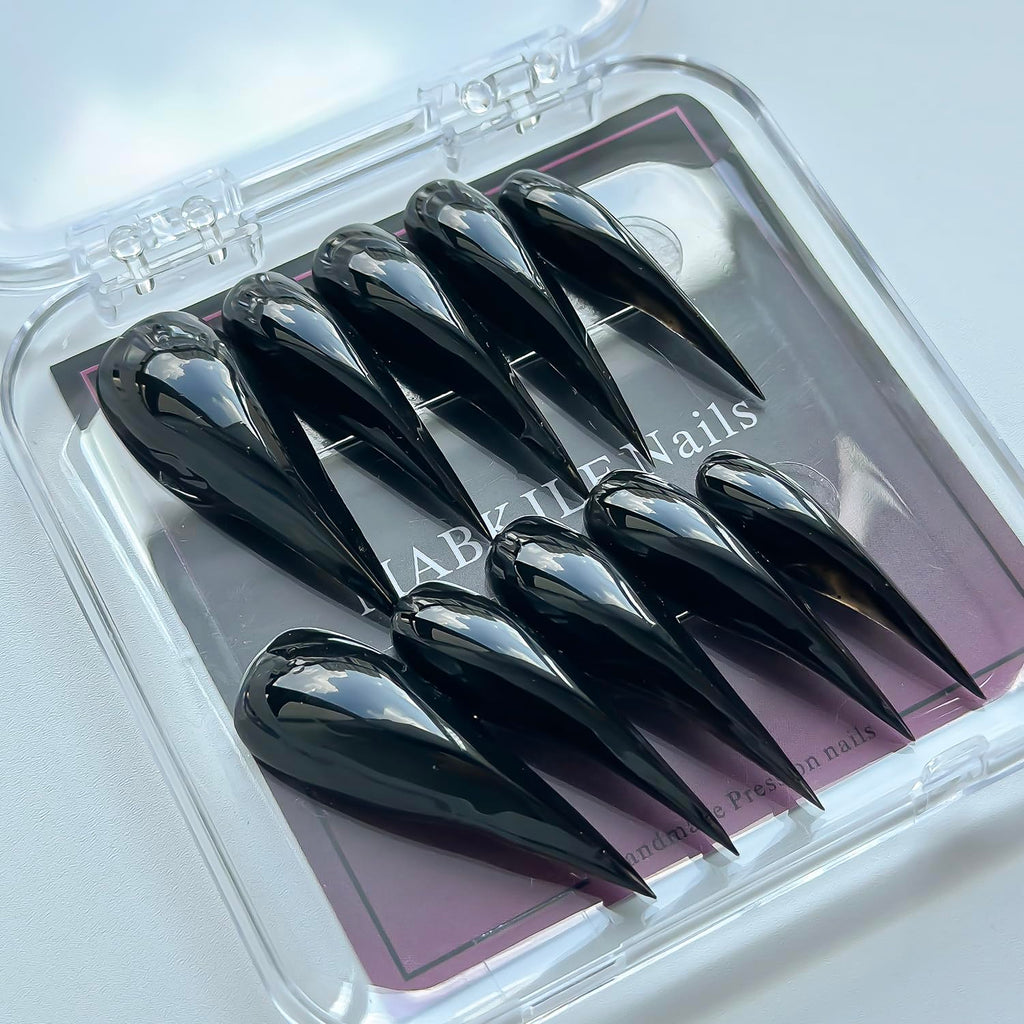 MABKJLF Luxury Press On Nails - Medium Curved Stiletto Eagle Claw, Reusable ABS, Glossy Black, Glue-On Kit