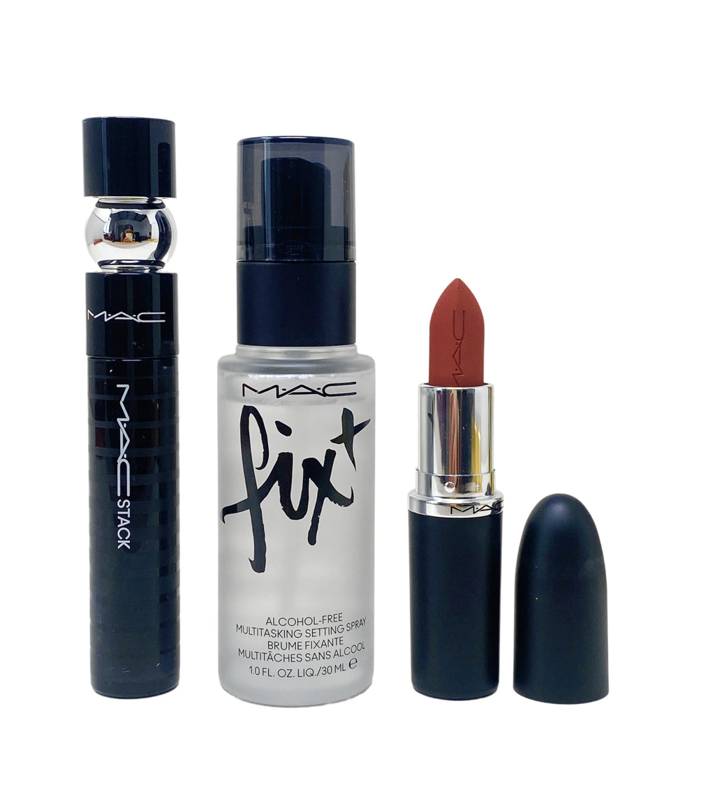 MAC Gilded Glamour Trio: MACStack Mascara, Warm Teddy Matte Lipstick & Fix+ Setting Spray