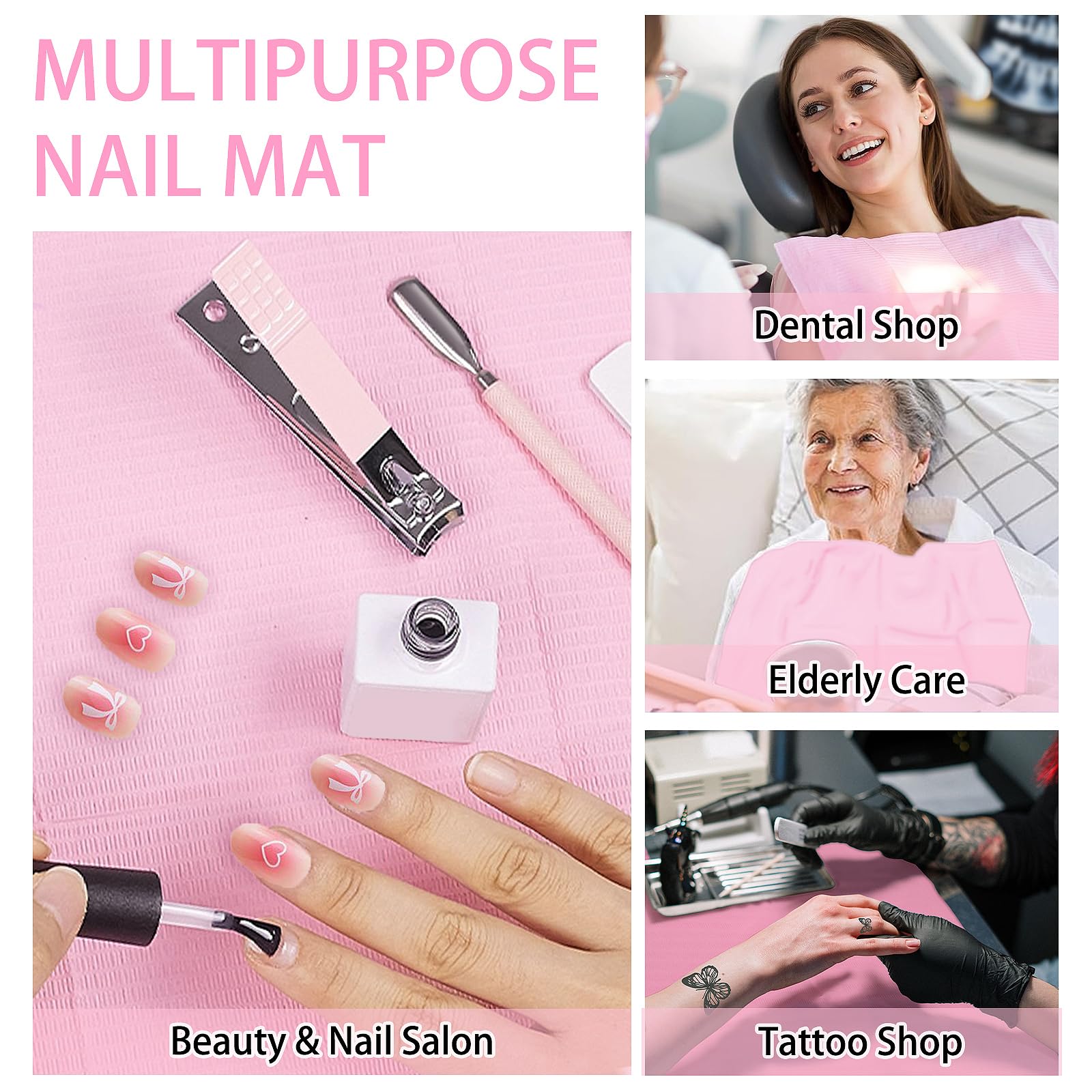 Machine-Ya 490pc Disposable Nail Mats – Foldable 13x18 Pink, 3-Ply Waterproof Table Protectors