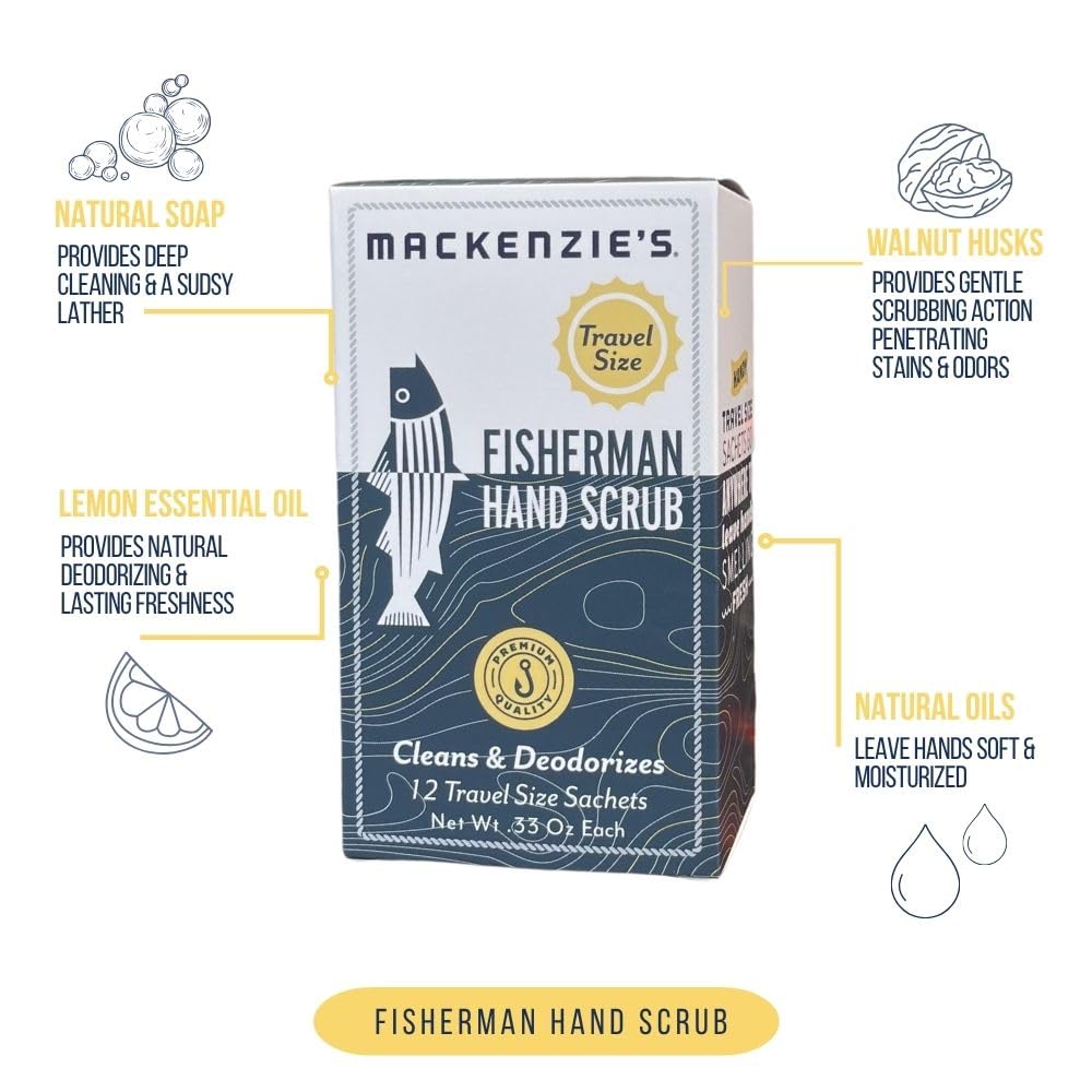 MACKENZIE'S Fisherman Hand Scrub Travel Size Packets – 12 x 0.33 oz – Biodegradable & Odor-Removing