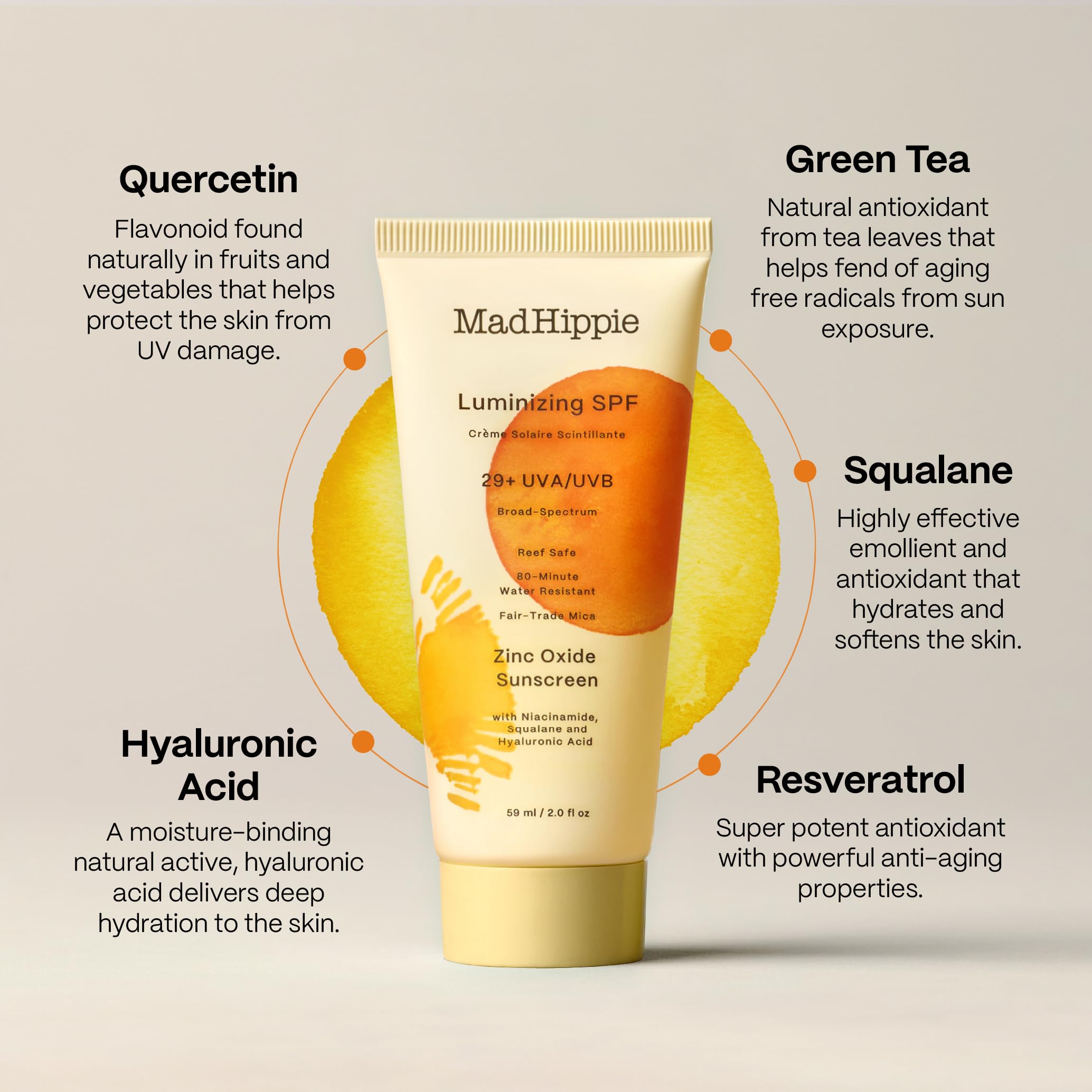 Mad Hippie Luminizing SPF 29+ Zinc Oxide Sunscreen – Reef-Safe with Niacinamide & Hyaluronic Acid | 2 oz