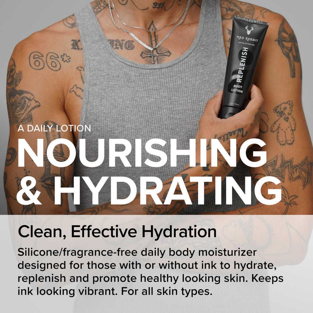 Mad Rabbit Replenish Tattoo Body Lotion – Fragrance-Free, Lightweight, Non-Greasy, Silicone-Free (3.4 oz)