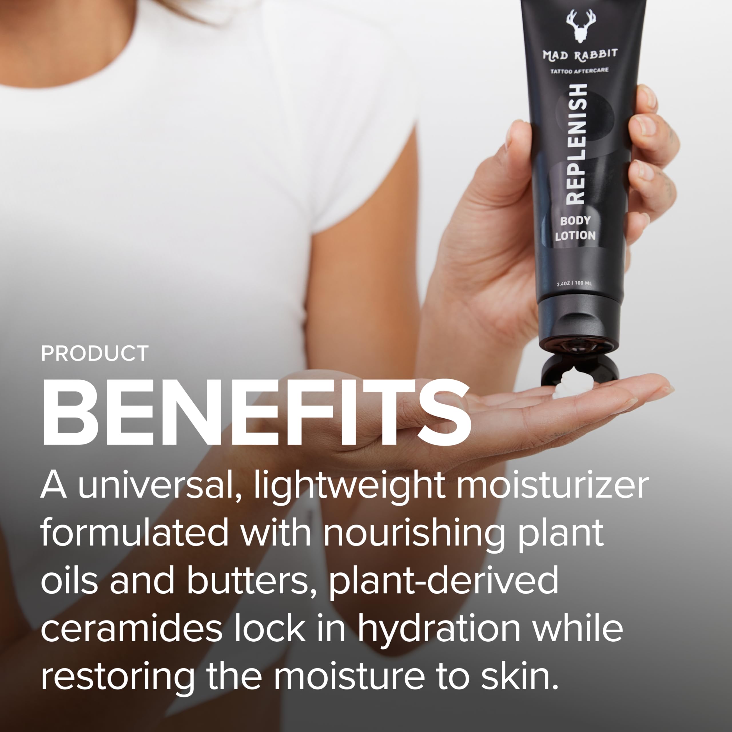Mad Rabbit Replenish Tattoo Body Lotion – Fragrance-Free, Lightweight, Non-Greasy, Silicone-Free (3.4 oz)