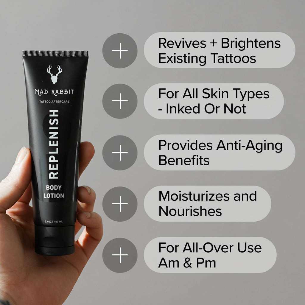 Mad Rabbit Replenish Tattoo Body Lotion – Fragrance-Free, Lightweight, Non-Greasy, Silicone-Free (3.4 oz)