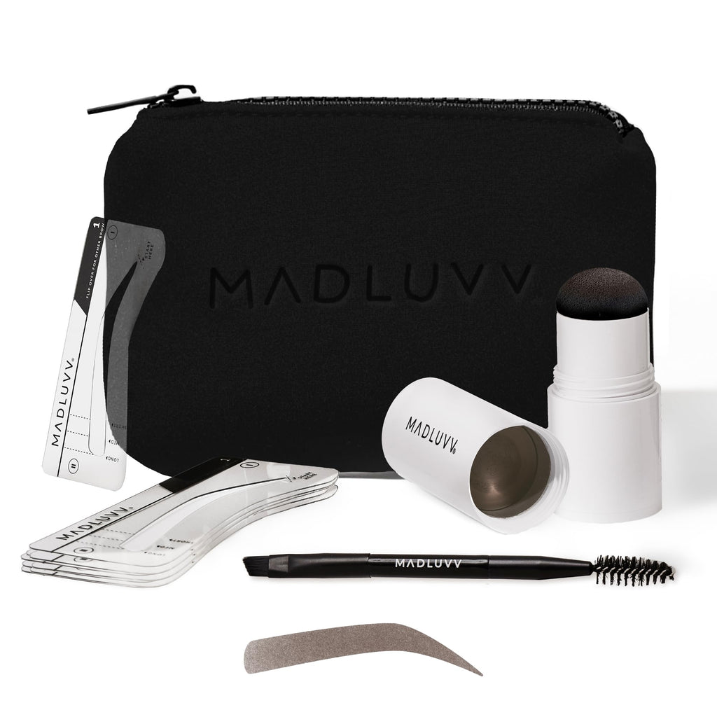 MADLUVV Brow Stamp Kit with 9 Stencils – Natural-Looking Brows, Spoolie & Travel Bag (Brunette)