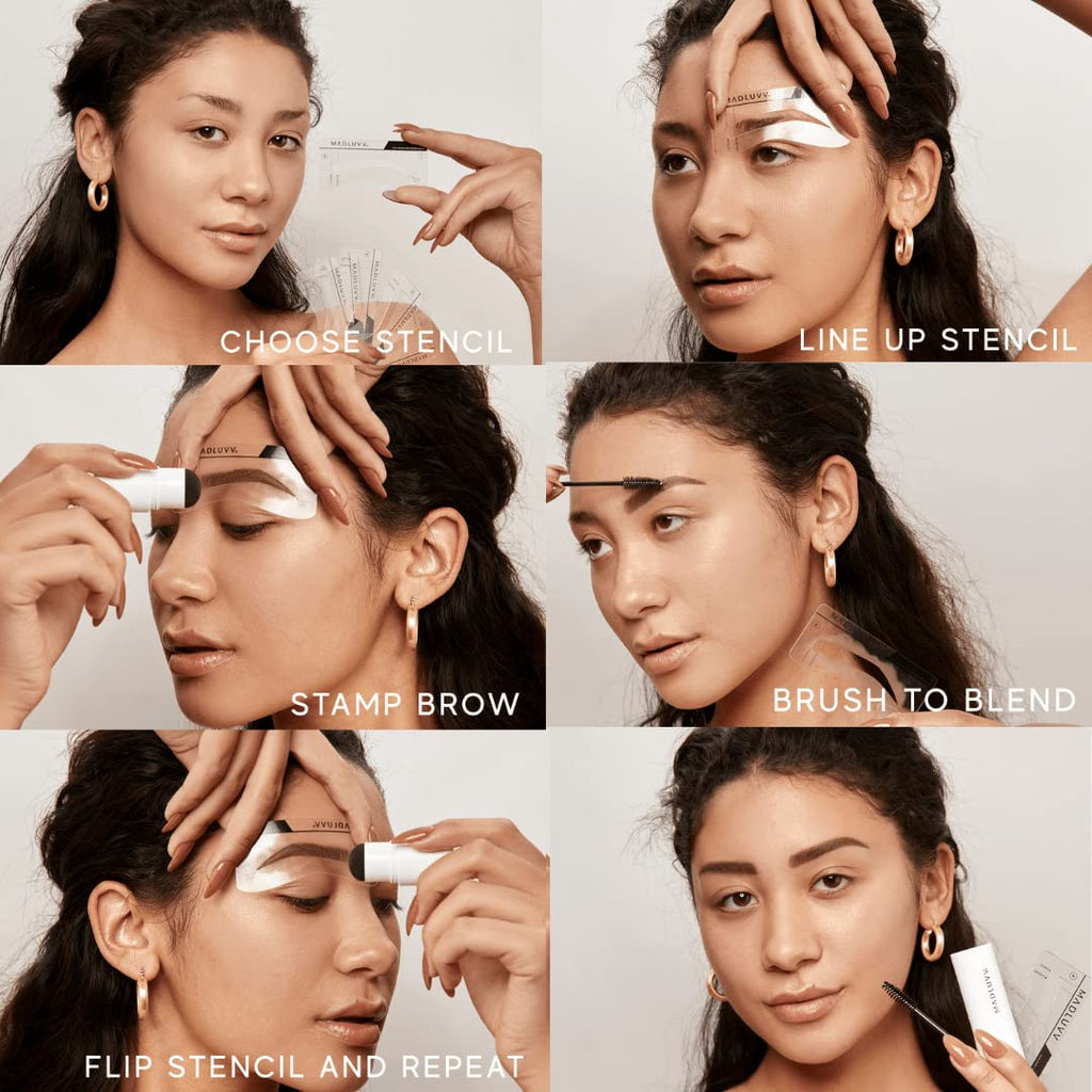 MADLUVV Brow Stamp Kit with 9 Stencils – Natural-Looking Brows, Spoolie & Travel Bag (Brunette)