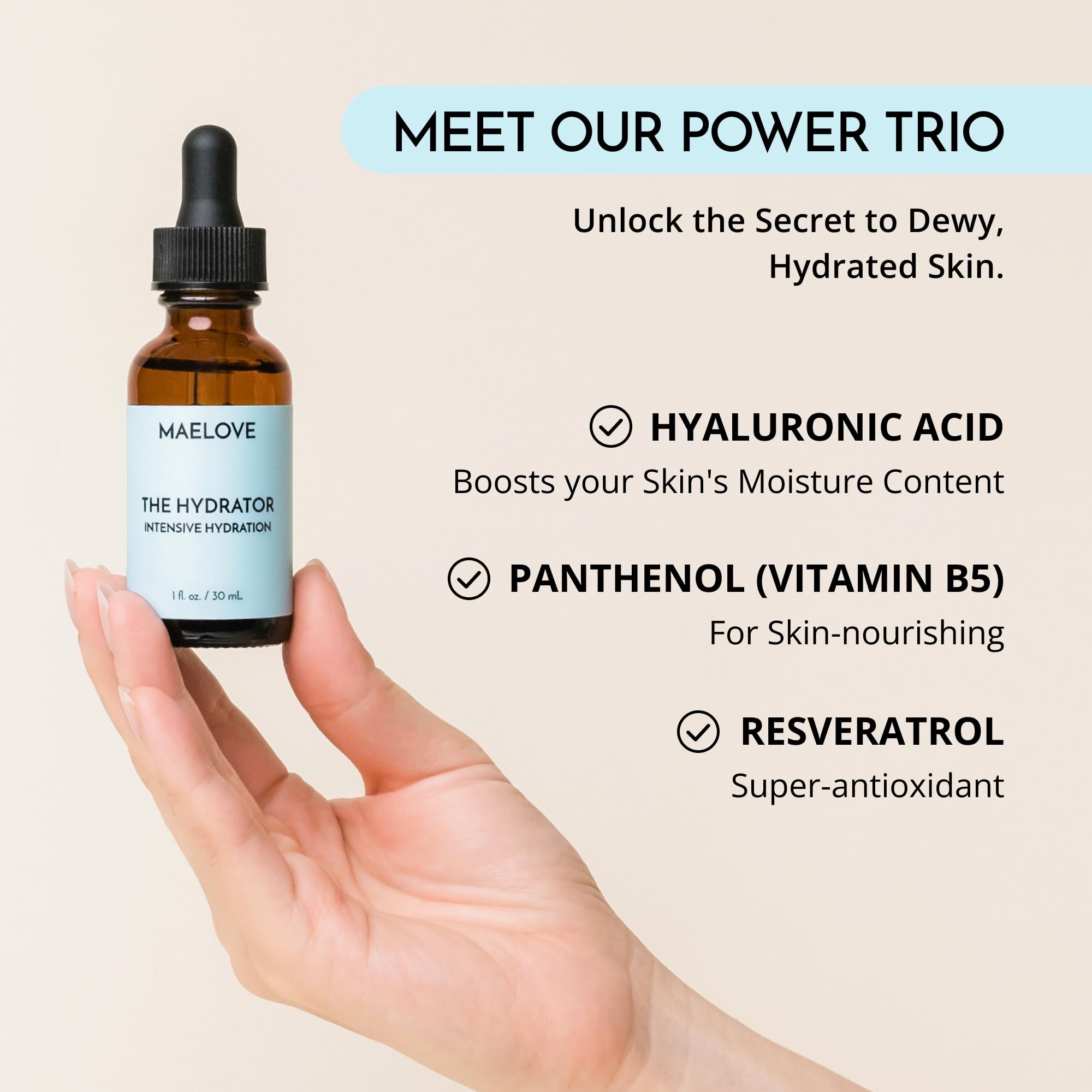 MAELOVE Hydrator Hyaluronic Acid B5 Serum with Resveratrol — Dewy Glow, Lightweight