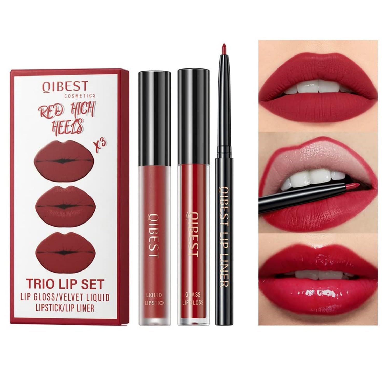 MAEPEOR All In One Lip Kit 3 in 1 Lip Liner Lip Gloss Lipstick Kit 06 Red High Heels