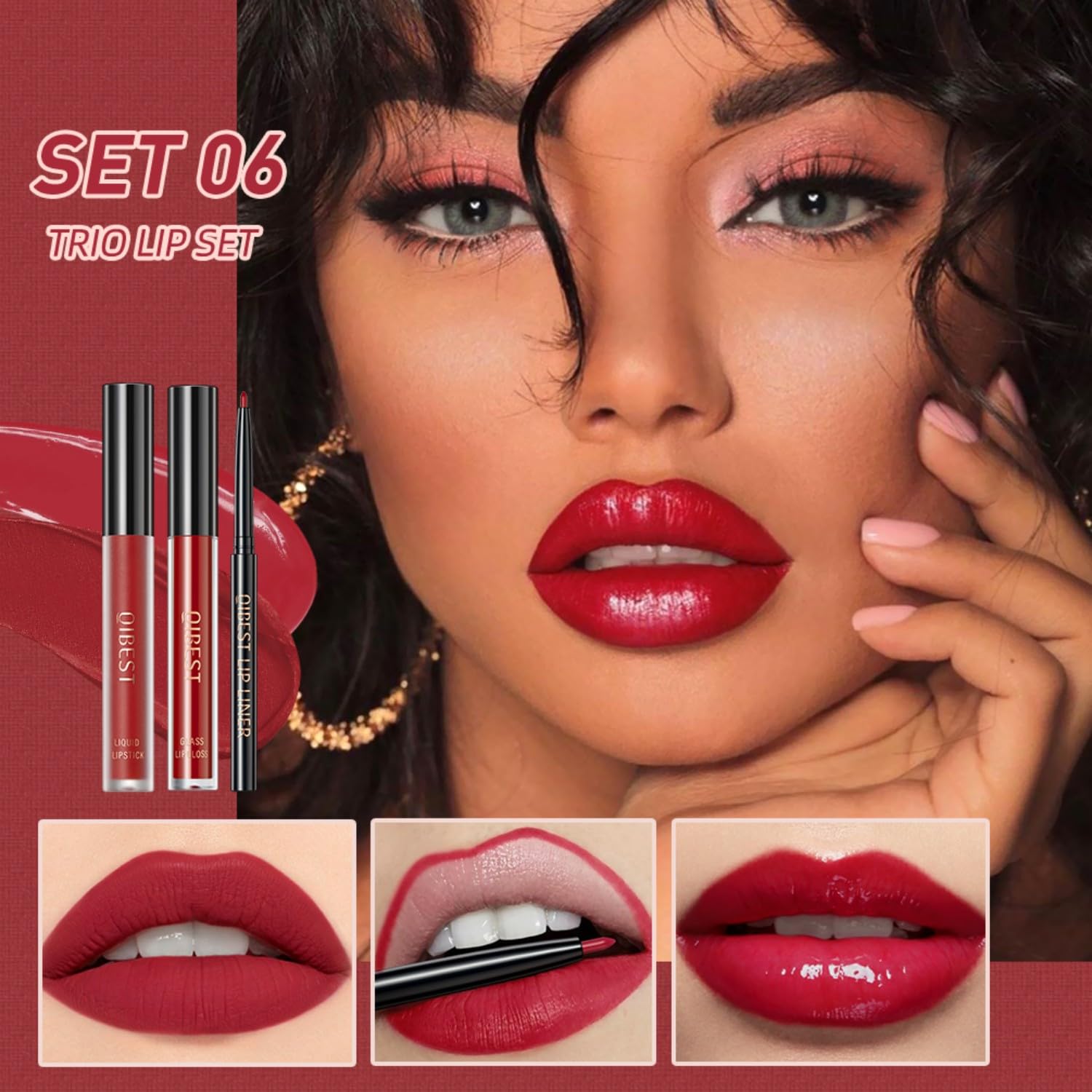 MAEPEOR All In One Lip Kit 3 in 1 Lip Liner Lip Gloss Lipstick Kit 06 Red High Heels