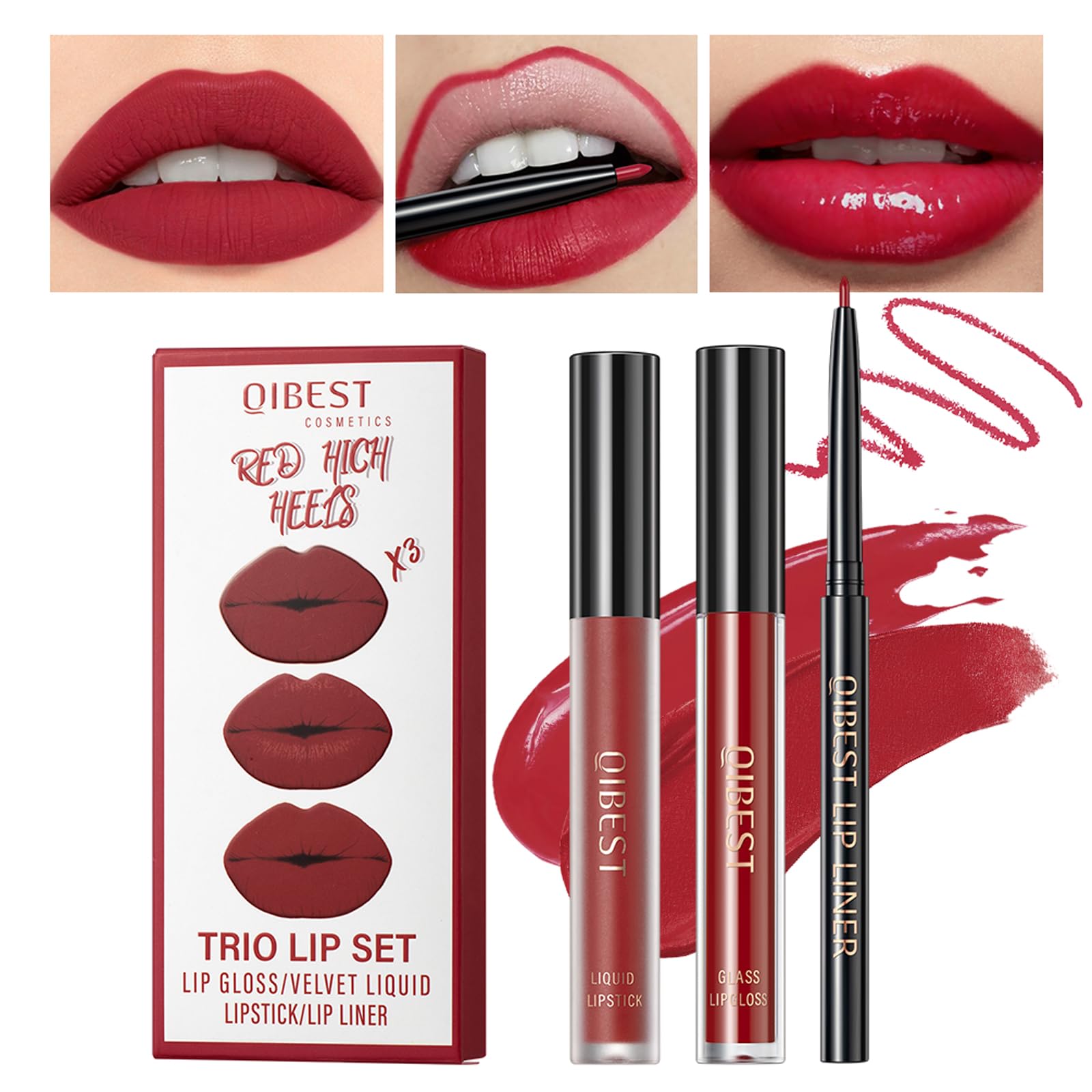 MAEPEOR All In One Lip Kit 3 in 1 Lip Liner Lip Gloss Lipstick Kit 06 Red High Heels
