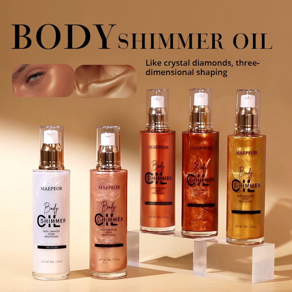 MAEPEOR Shimmer Body Luminizer – 5 Colors Moisturizing Glow Illuminator for Face & Body (80ML, Silver)