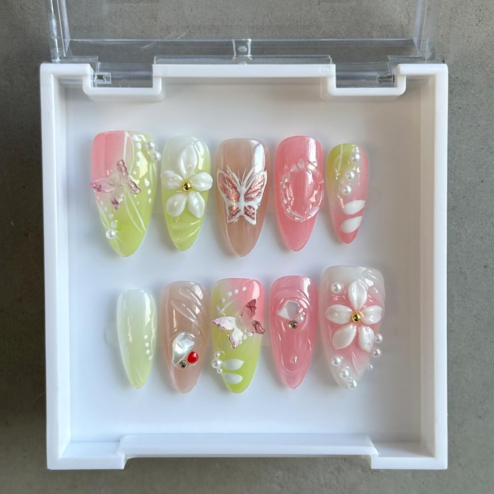 MAGLFELL Press On Nails - Medium Almond, Green & Pink, Reusable 3D Gel