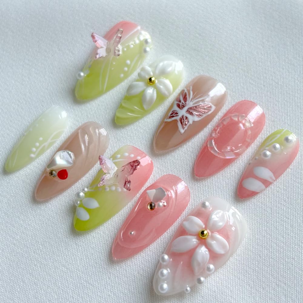 MAGLFELL Press On Nails - Medium Almond, Green & Pink, Reusable 3D Gel