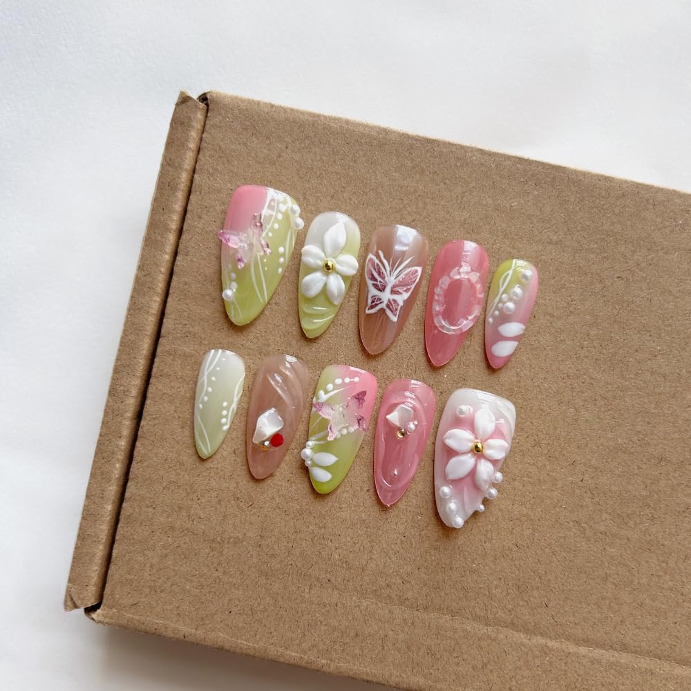 MAGLFELL Press On Nails - Medium Almond, Green & Pink, Reusable 3D Gel