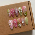 MAGLFELL Press On Nails - Medium Almond, Green & Pink, Reusable 3D Gel