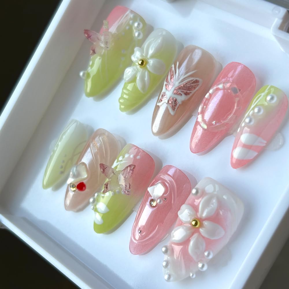 MAGLFELL Press On Nails - Medium Almond, Green & Pink, Reusable 3D Gel