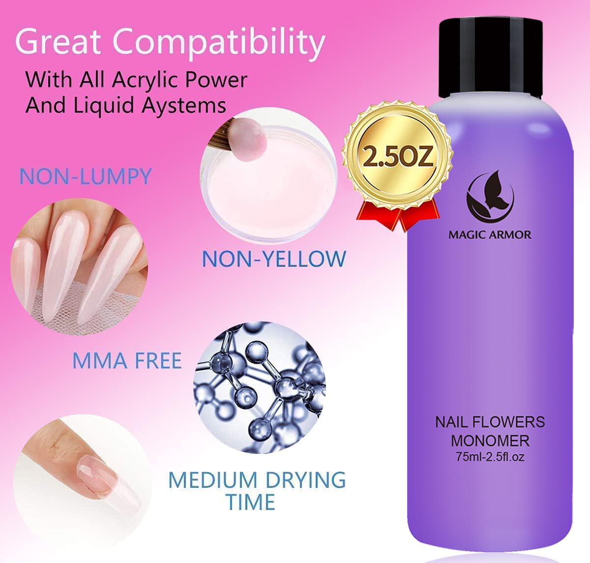 MAGIC ARMOR Acrylic Liquid Monomer – 150ml Professional Quick-Dry Monomer for Nail Extensions