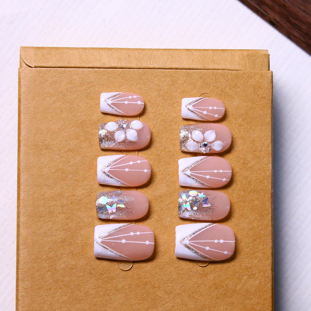 MAGLFELL Press On Nails – Short Square Handmade Nails, Reusable 3D Gel and Durable Acrylic (M Size)