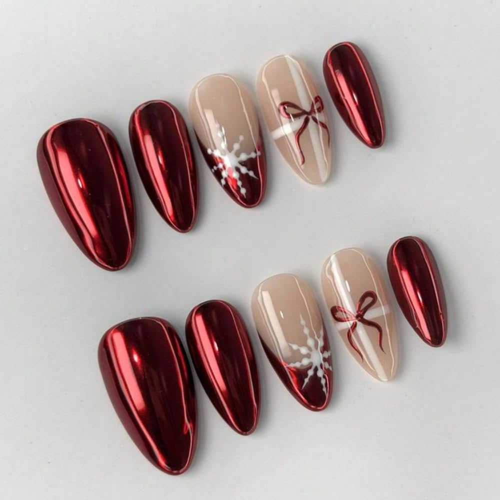 MAGLFELL Christmas Press On Nails – Handmade Almond Medium-Length with 3D Bows (Size S, 10Pcs)