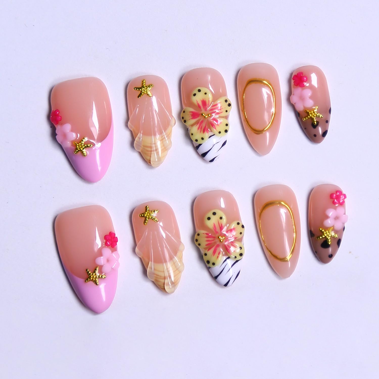 MAGLFELL Spring Press On Nails – Medium Almond 3D Reusable Tips, French Salon Design