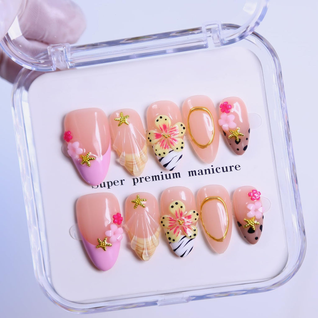 MAGLFELL Spring Press On Nails – Medium Almond 3D Reusable Tips, French Salon Design