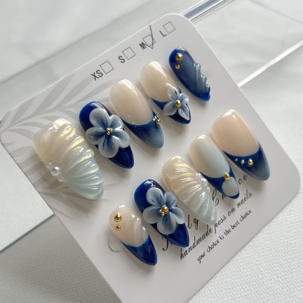 MAGLFELL Press On Nails - Luxury Medium Almond 3D Nails | Reusable ABS, Finger-Printed Nail Tips, French Salon Design (Size M)