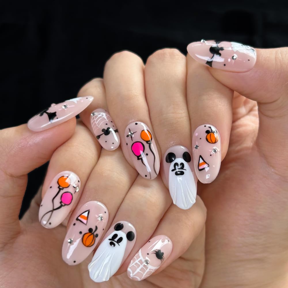 MAGLFELL Press On Nails - Handmade Medium Length Oval Nails with Ghost Design, 10 Pcs ABS Kit