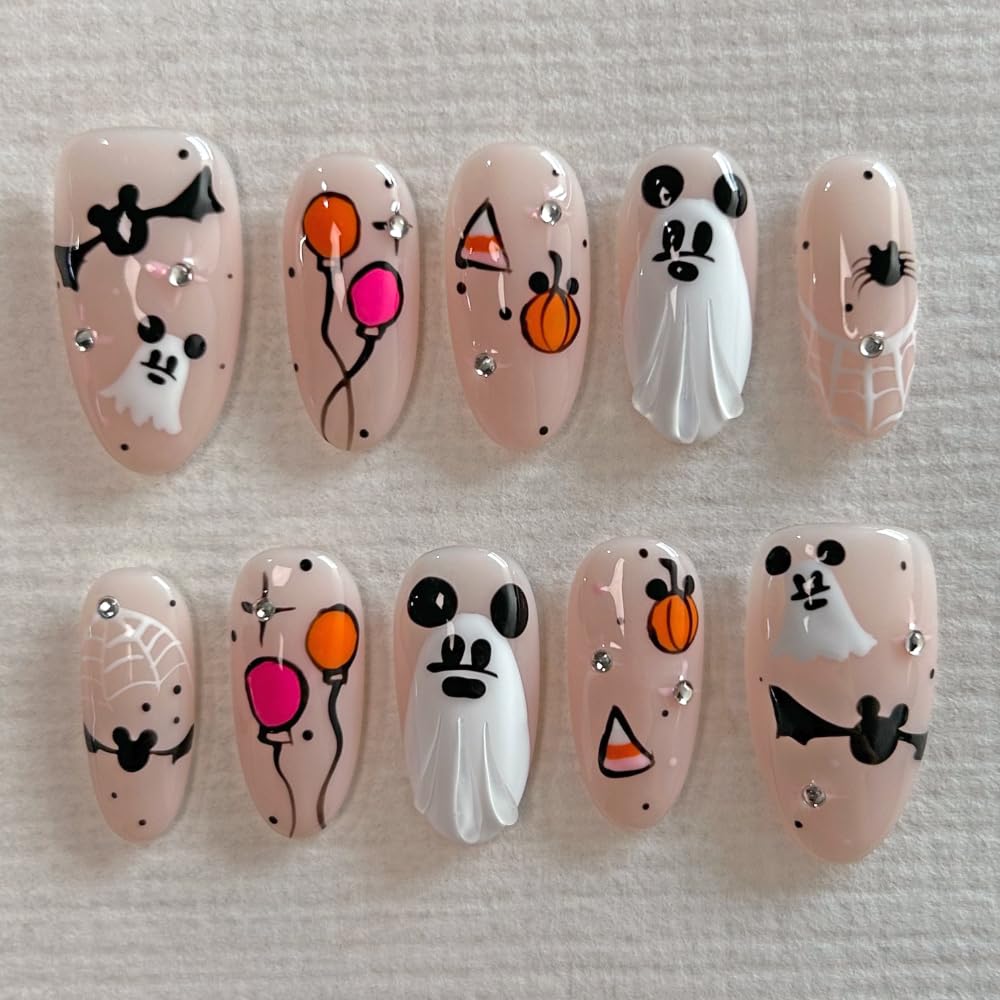 MAGLFELL Press On Nails - Handmade Medium Length Oval Nails with Ghost Design, 10 Pcs ABS Kit