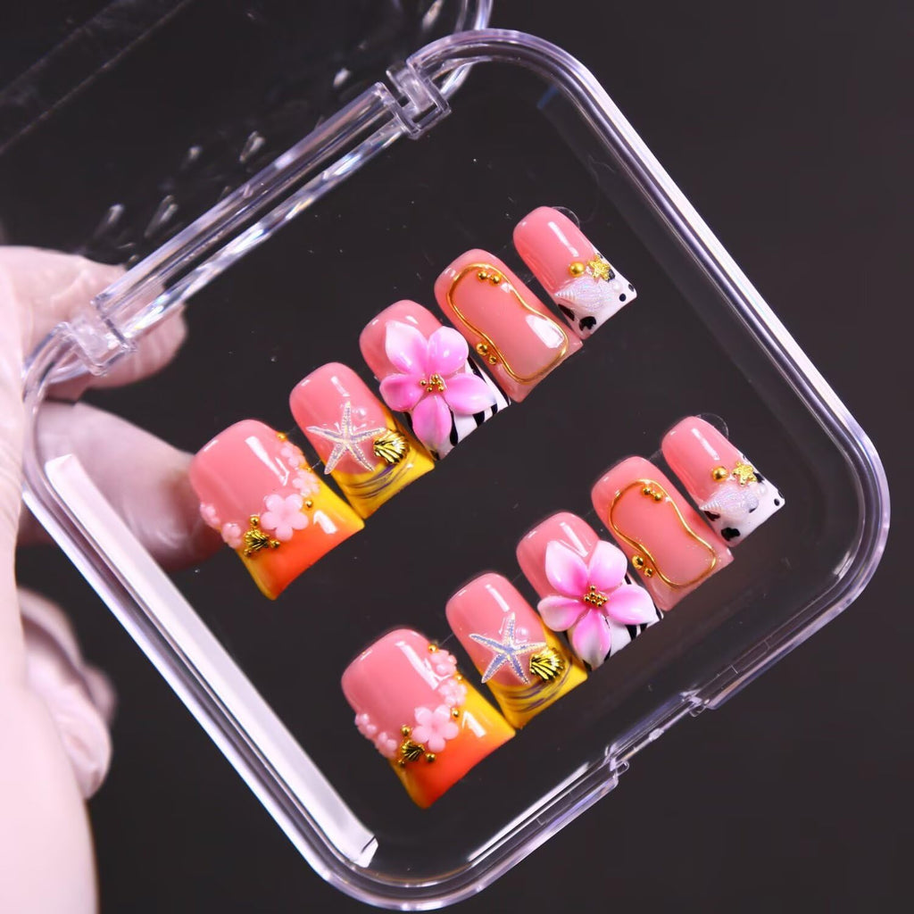 MAGLFELL Press On Nails – 10 Pcs Handmade French Duckbill Nails, Reusable Short False Nails (Size M)