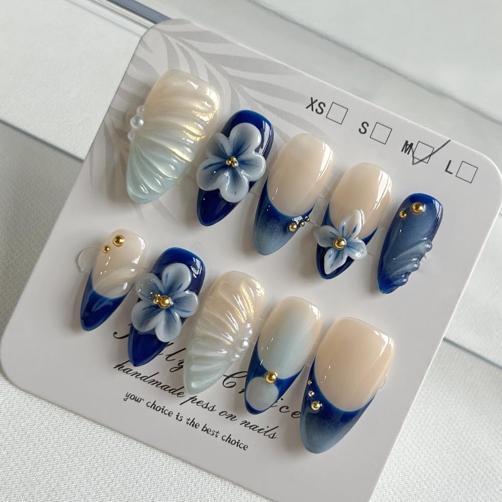 MAGLFELL Press On Nails - Luxury Medium Almond 3D Nails | Reusable ABS, Finger-Printed Nail Tips, French Salon Design (Size M)