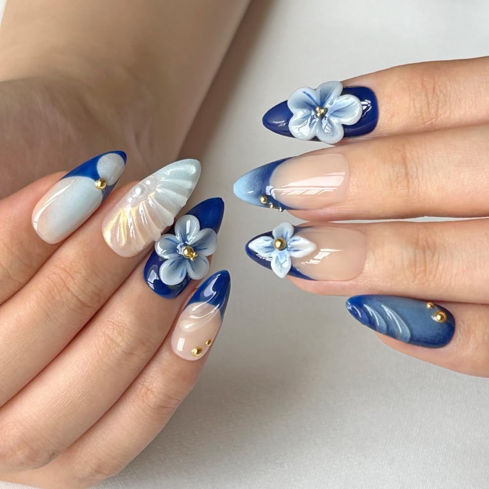 MAGLFELL Press On Nails - Medium Almond Bow Design (Size S) | Reusable Gel Nails DIY Kit
