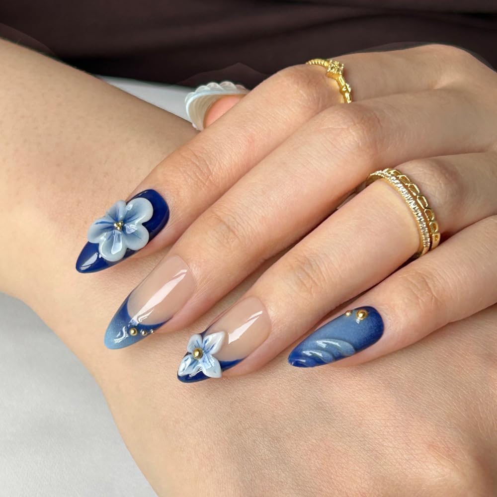 MAGLFELL Press On Nails - Medium Almond Bow Design (Size S) | Reusable Gel Nails DIY Kit