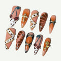 MAGLFELL Press On Nails - Handmade Orange Stiletto with 3D Cherry & Gold Accents (10 Pcs, Size M)