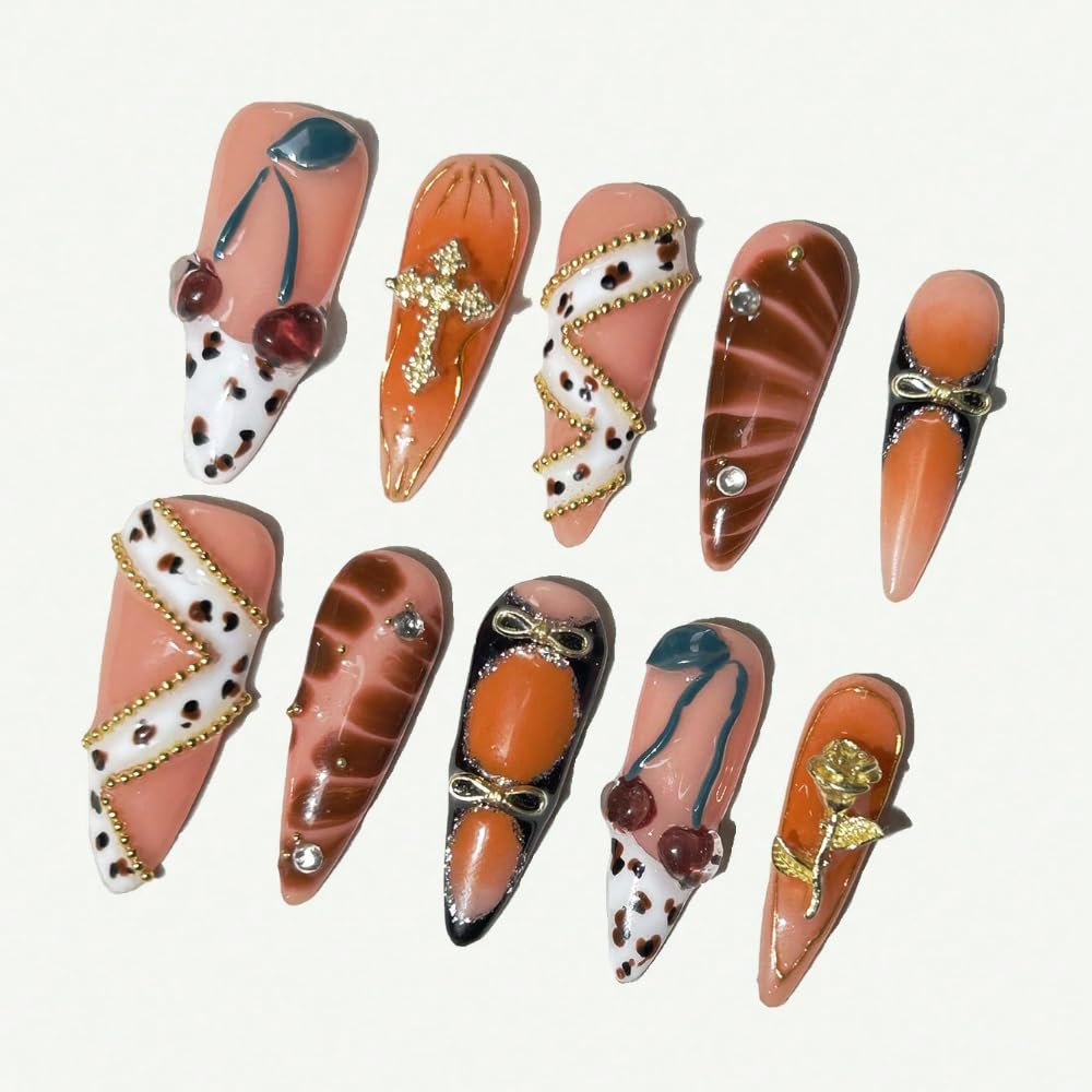 MAGLFELL Press On Nails - Handmade Orange Stiletto with 3D Cherry & Gold Accents (10 Pcs, Size M)