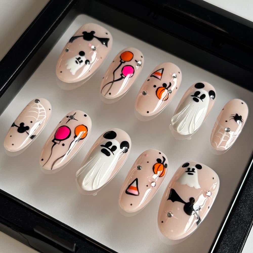 MAGLFELL Press On Nails - Handmade Medium Length Oval Nails with Ghost Design, 10 Pcs ABS Kit