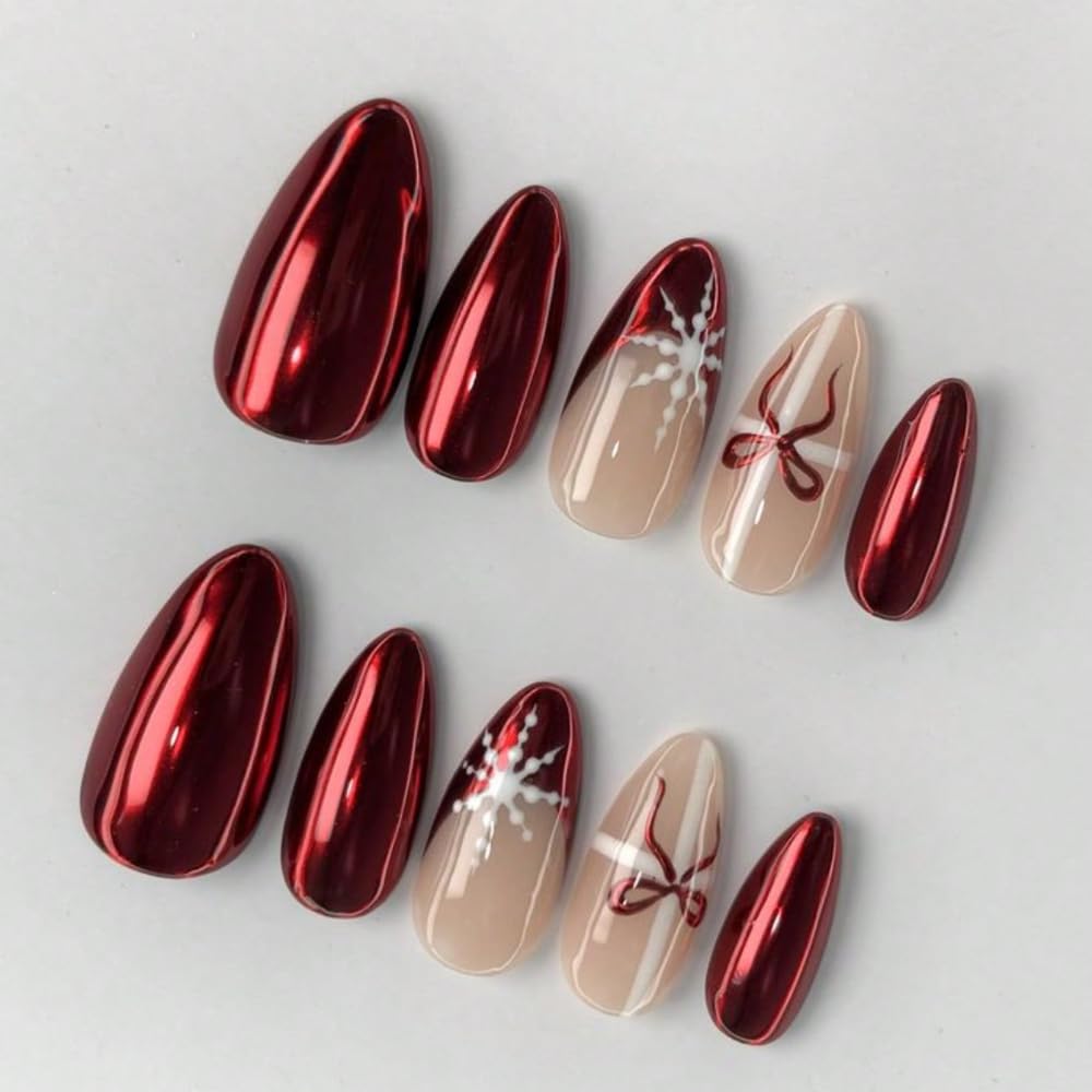 MAGLFELL Valentine's Day Press On Nails – Handmade Medium Almond, Red 3D Bow Design, Reusable (Size M)