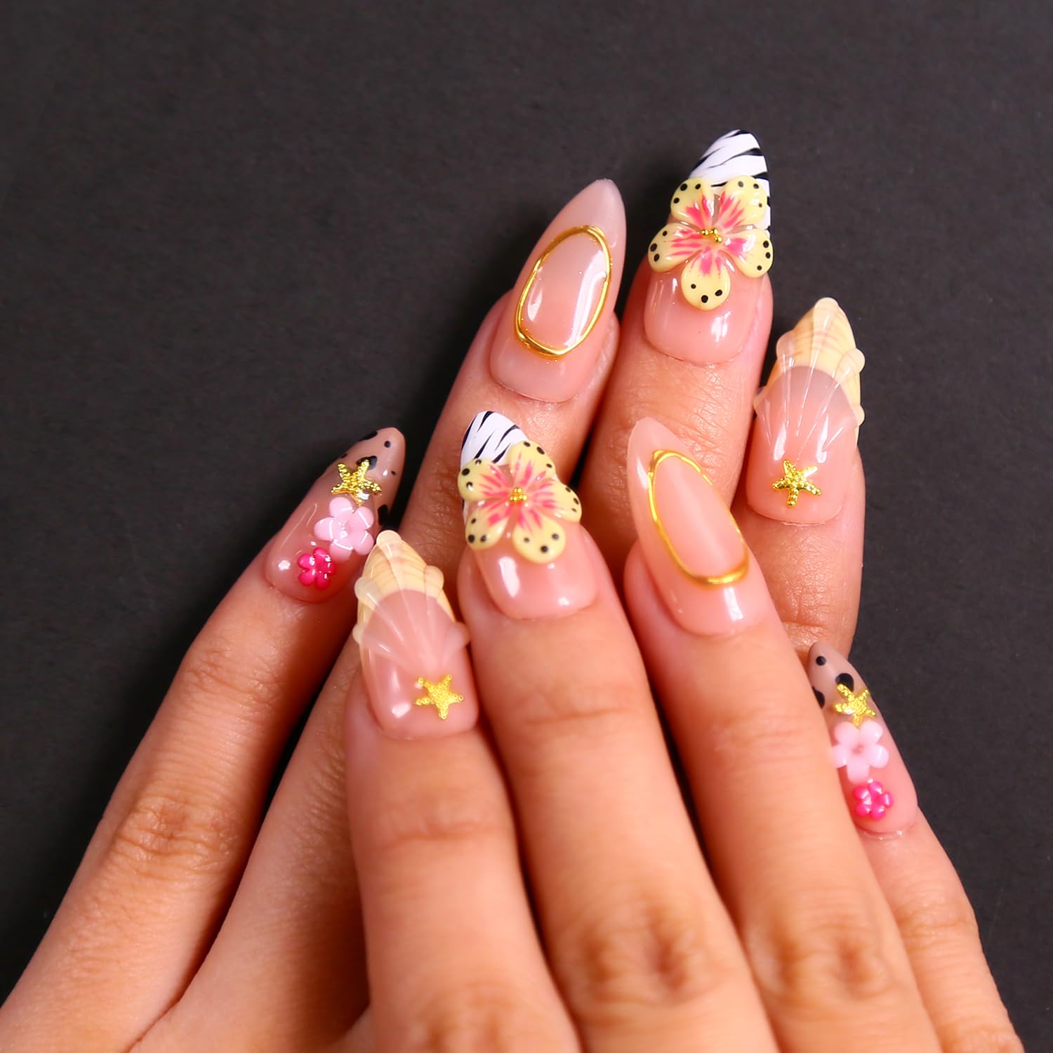 MAGLFELL Spring Press On Nails – Medium Almond 3D Reusable Tips, French Salon Design