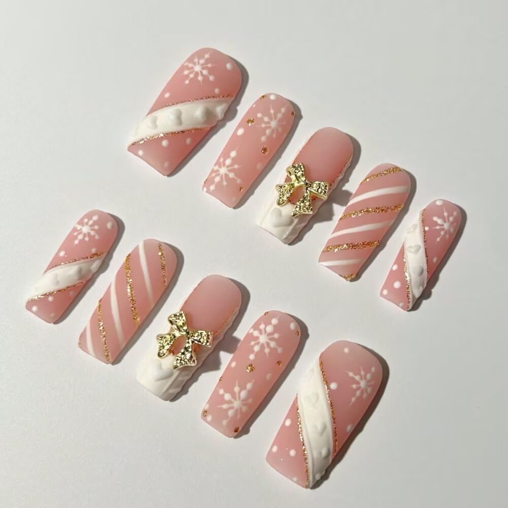 MAGLFELL Press On Nails - Handmade Square Nails with Snowflakes & Gold Plated Bow (10 Pcs, Size M)