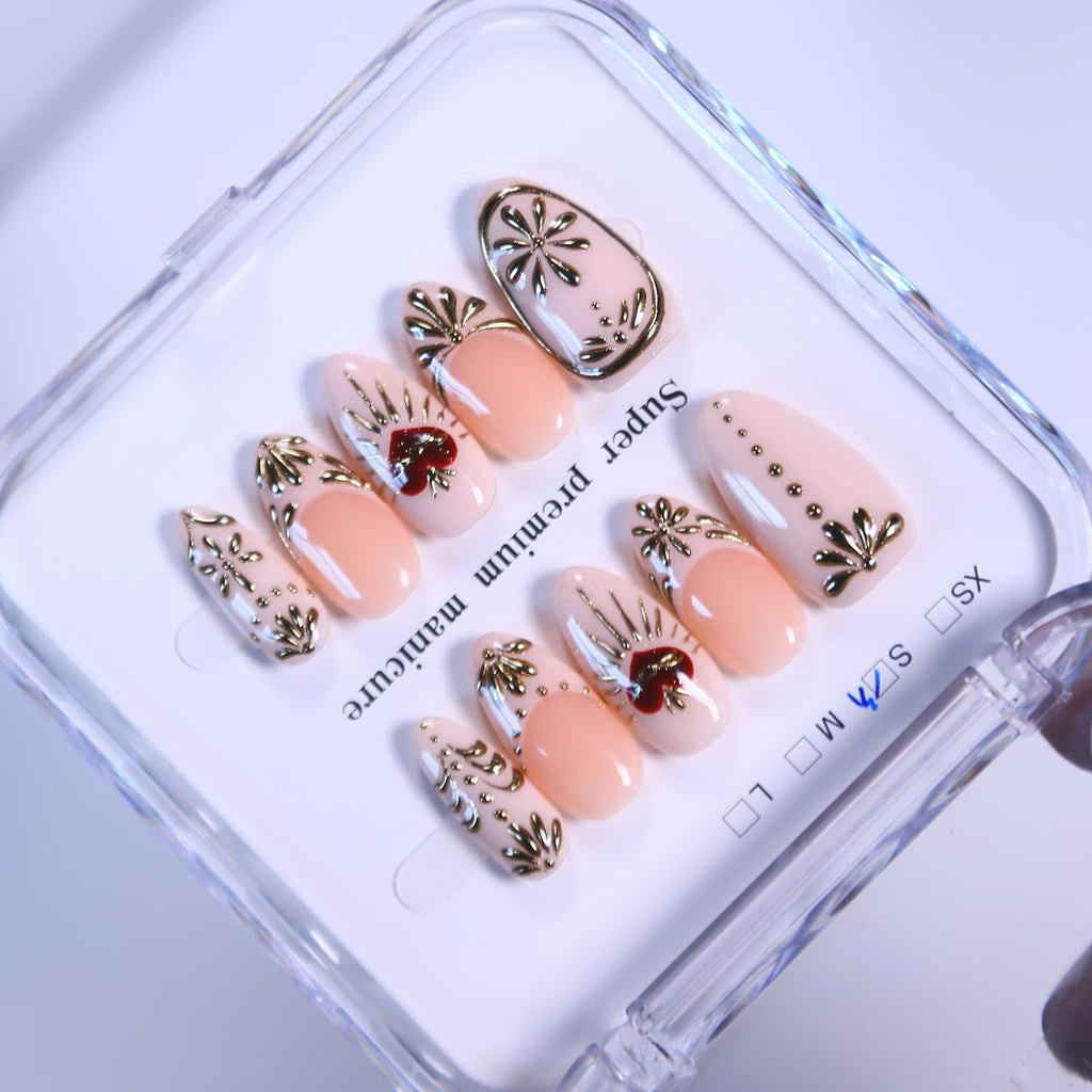 MAGLFELL Press On Nails - Short Almond Handmade 3D Gel Nail Art, Reusable Thick Acrylic, DIY Kit (Size M)