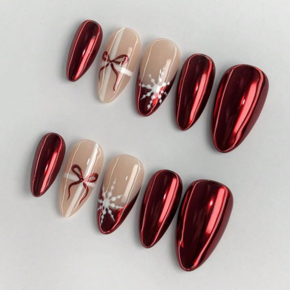 MAGLFELL Valentine's Day Press On Nails – Handmade Medium Almond, Red 3D Bow Design, Reusable (Size M)