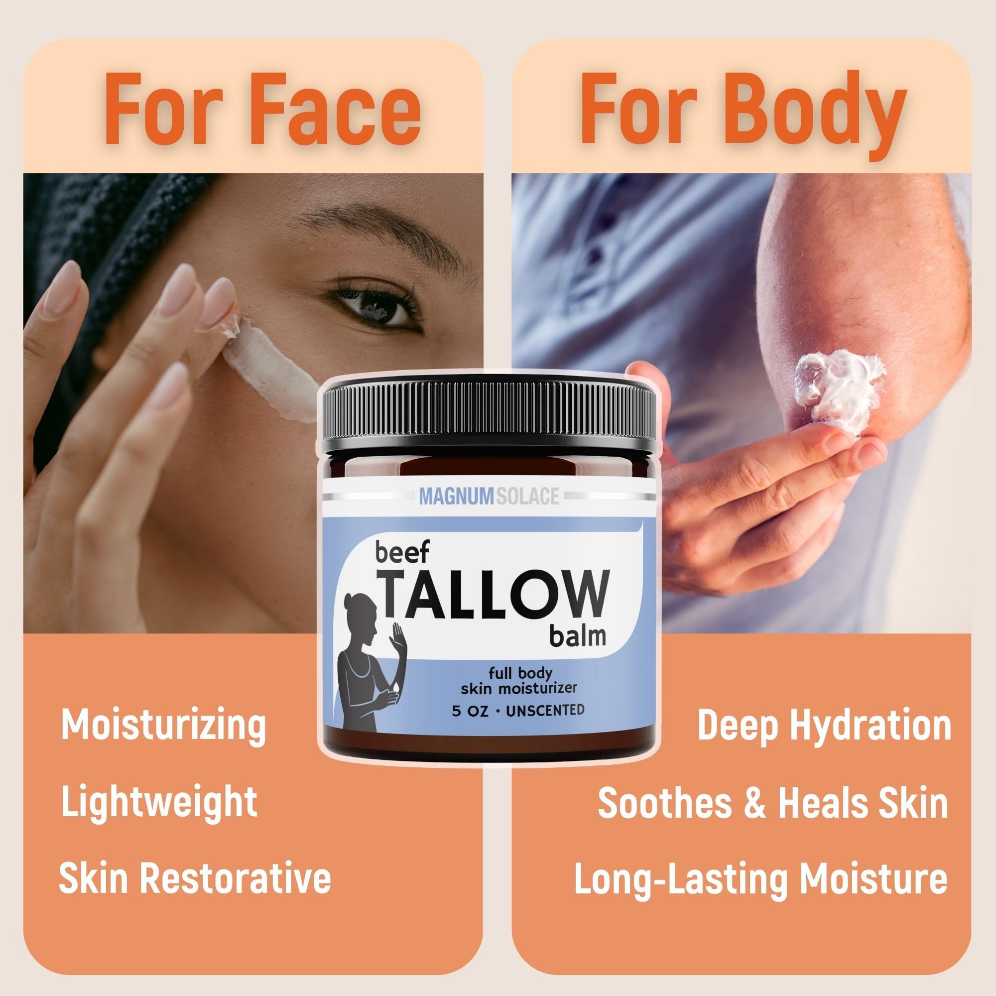 Magnum Solace Beef Tallow Skin Balm – 2-Ingredient Unscented Moisturizer, 5 oz