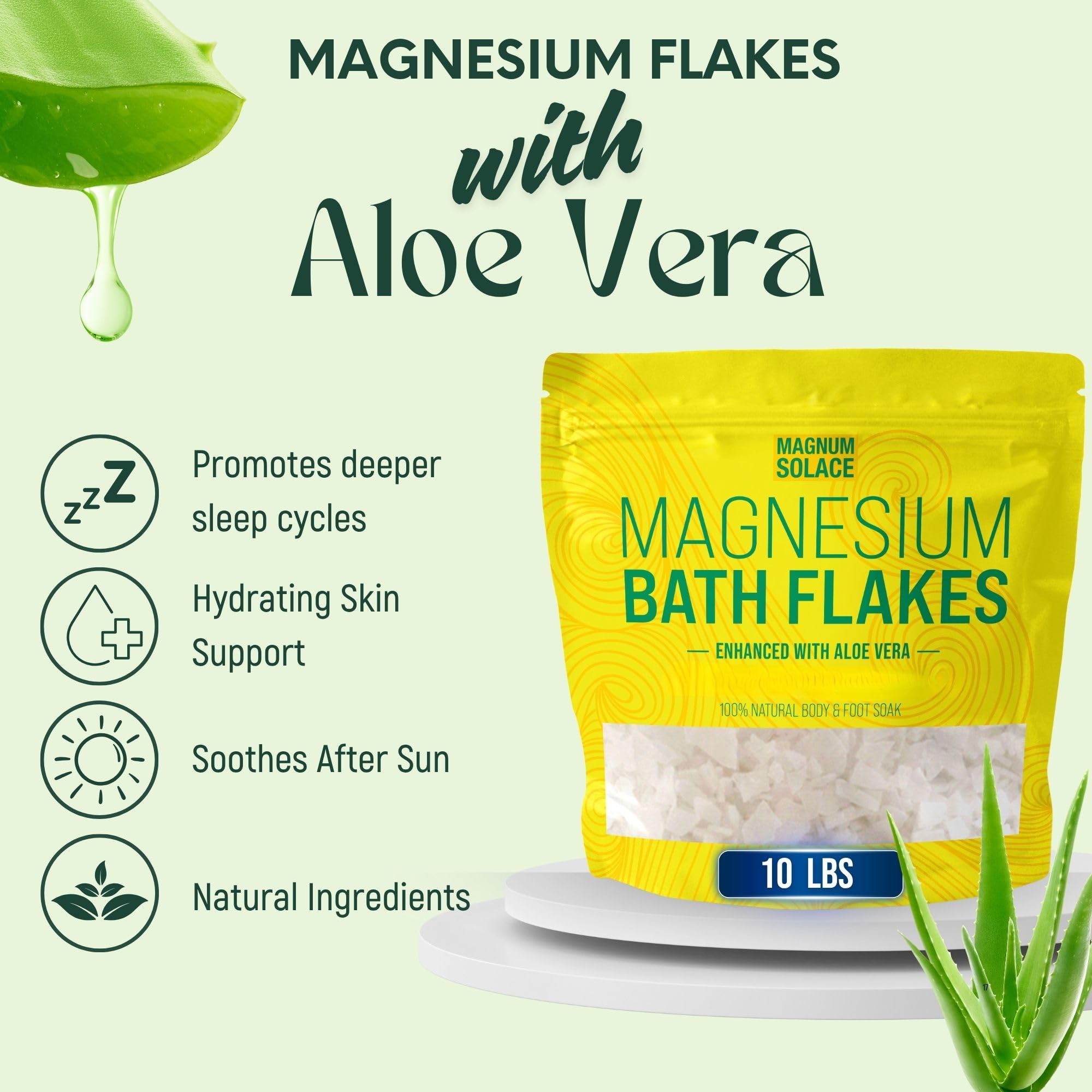 Magnum Solace Magnesium Bath Flakes with Dead Sea Salt and Aloe Vera – 10 lb