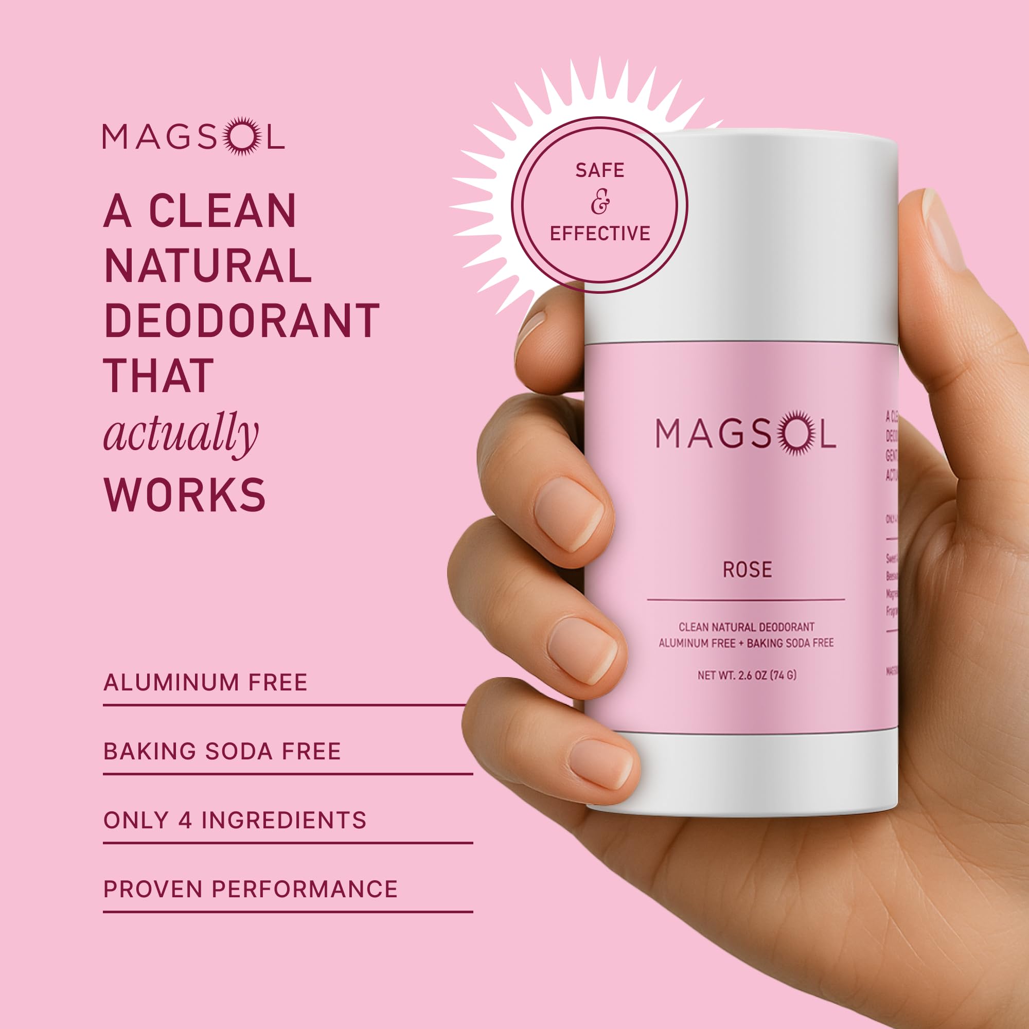 MAGSOL Magnesium Deodorant for Women – Rose, Aluminum Free & Baking Soda Free | 2.6 oz