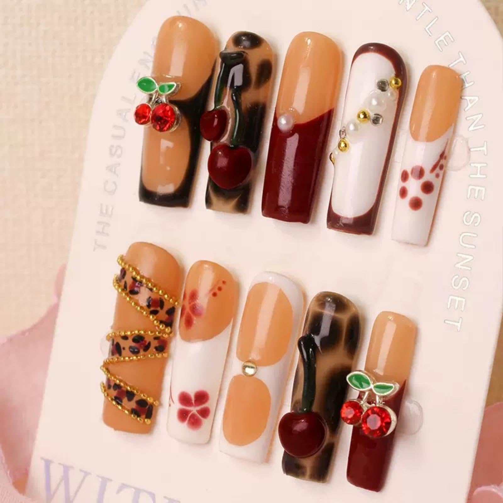 Maigitur 100% 5D Handmade Press On Nails – Brown Ombre with Charms | Long Square DIY Manicure Size M